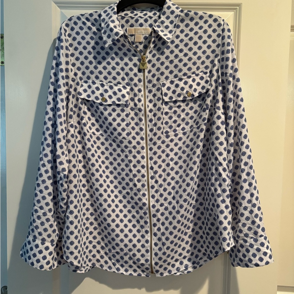 Michael Kors Blue Blouse. With lock design zipper. Snap sleeve.